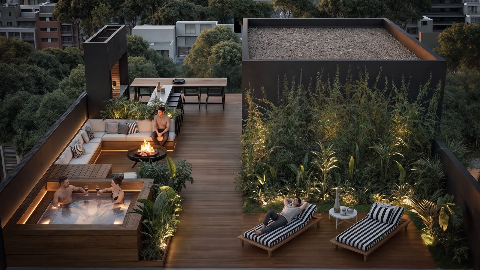 La terraza común con gente en el jacuzzi y las tumbonas