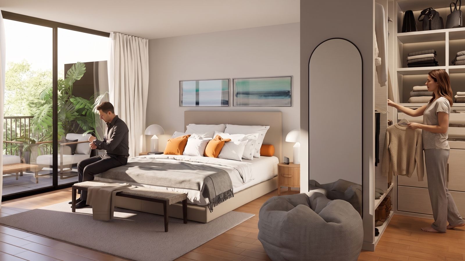 El dormitorio con una pareja preparándose para salir
