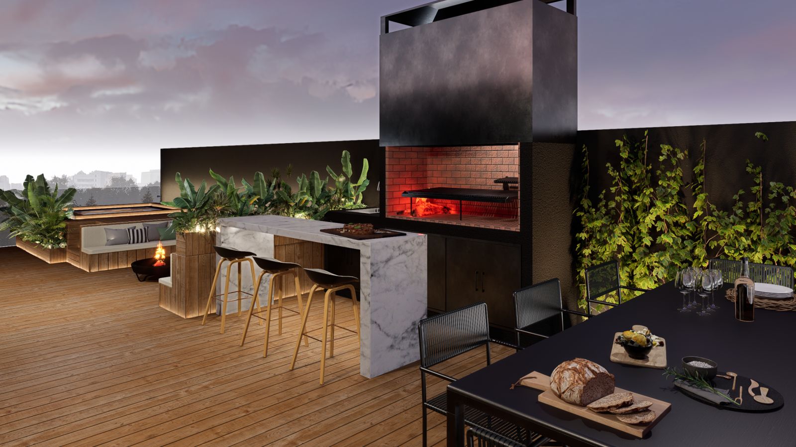 Render original de la terraza con parrilla