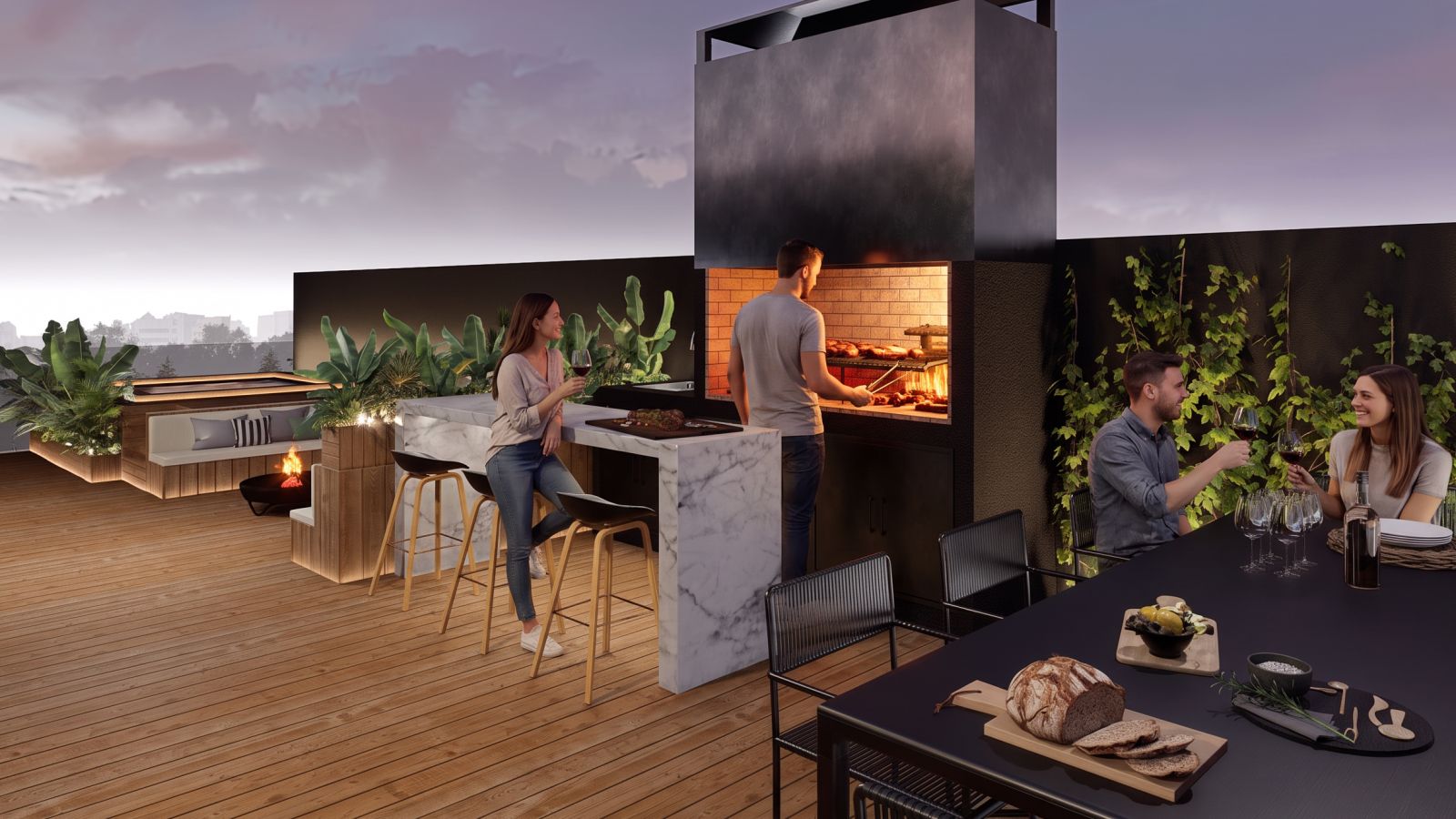 La terraza con una parrillada y amigos en la mesa