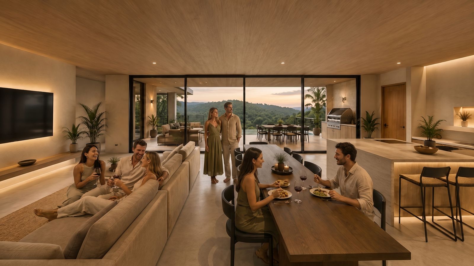 La misma sala con una familia compartiendo una cena