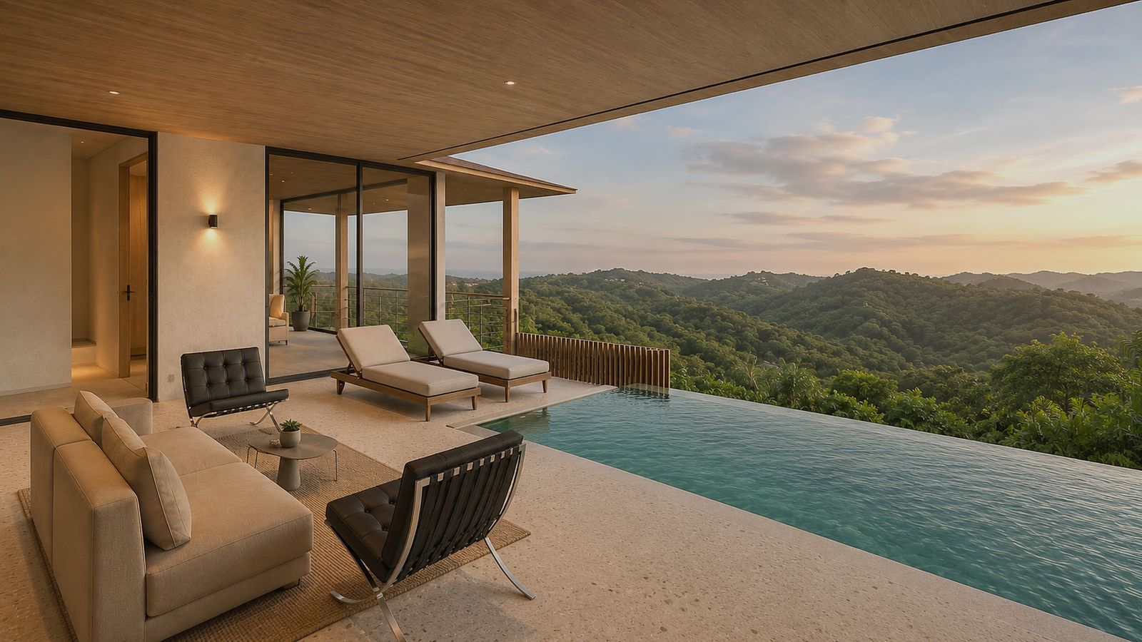 Render original de la terraza con piscina infinita
