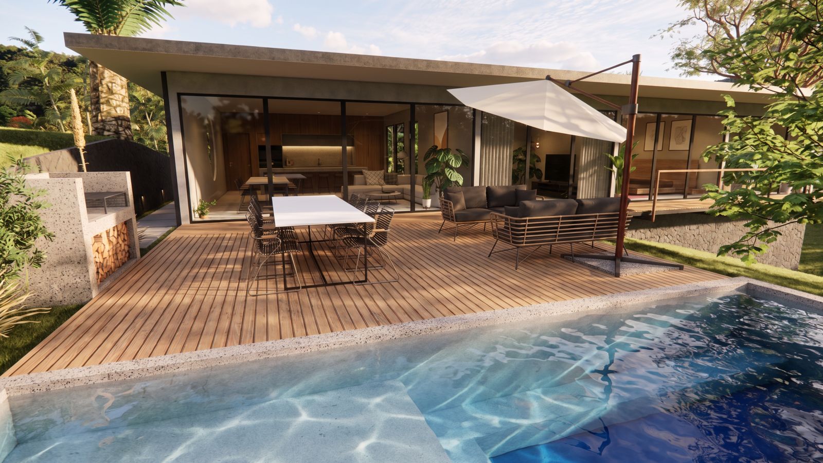 Render original del deck con piscina de Casa Doce