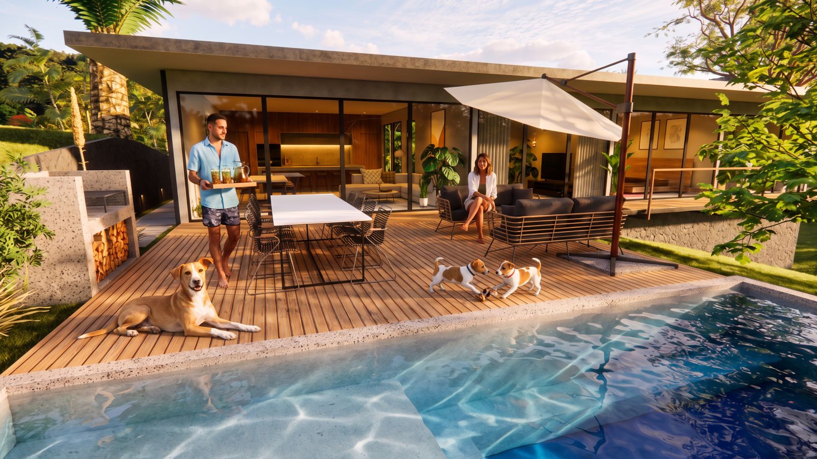 El deck con una persona en el sofá y perros jugando junto a la piscina