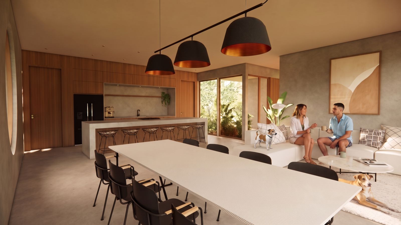 La sala con una pareja en el sofá y sus perros