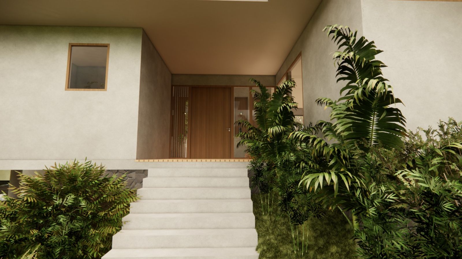 Render original de la escalera de entrada