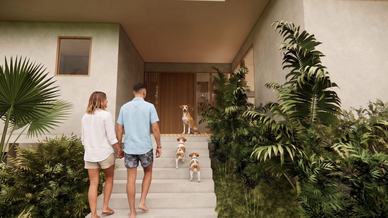 La entrada con una pareja y sus perros subiendo la escalera