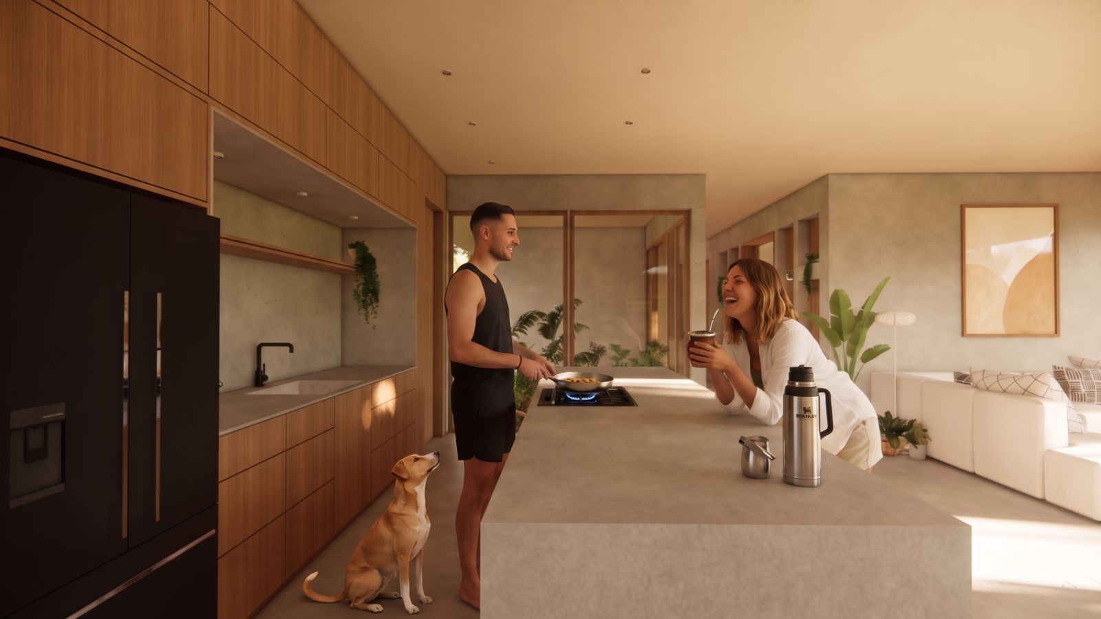 La cocina con una pareja preparando el desayuno