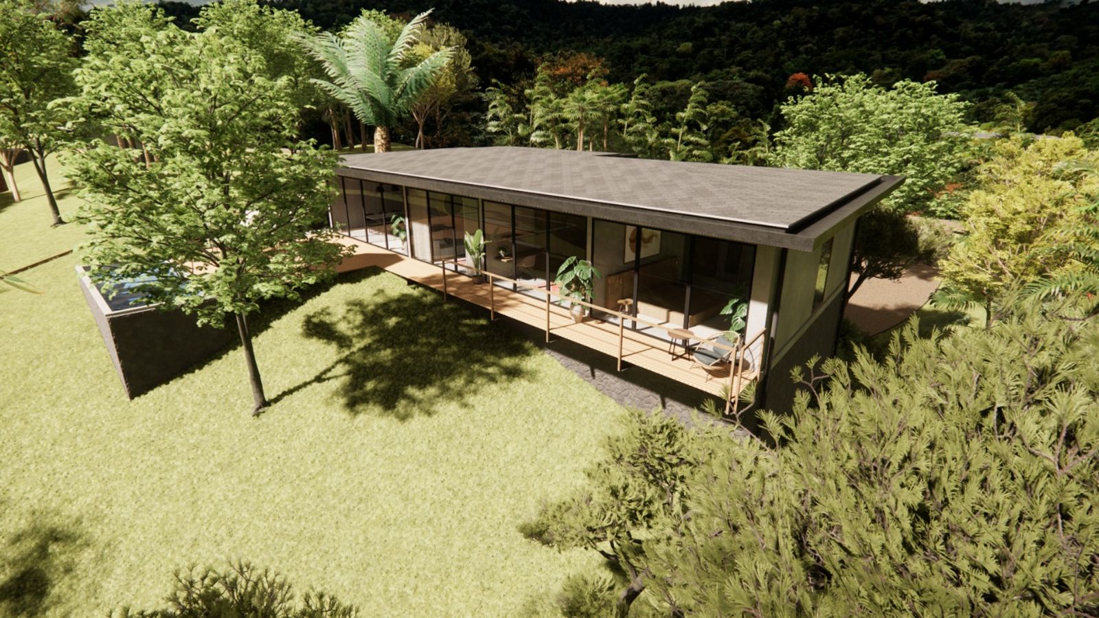 Render original de la casa entre los árboles